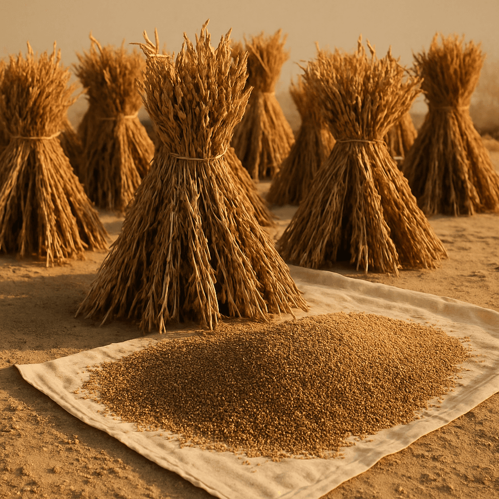 Cut sesame plants stacked upright in stooks to dry before threshing