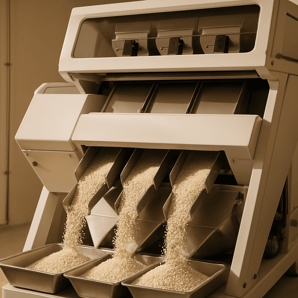 An optical sortex cleaning machine removing discoloured seed and admixture