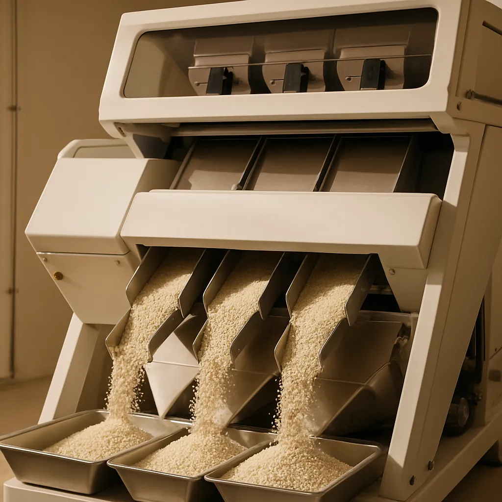 An optical sortex cleaning machine removing discoloured seed and admixture