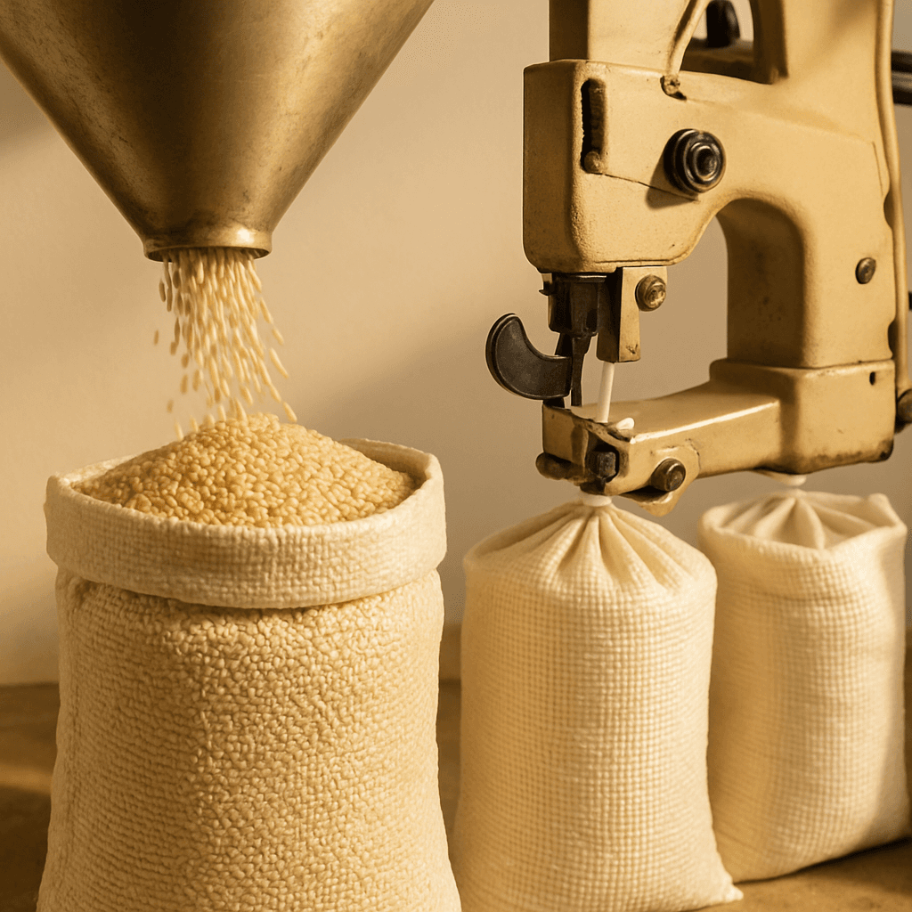 Workers filling and stitching woven polypropylene bags on the sesame bagging line