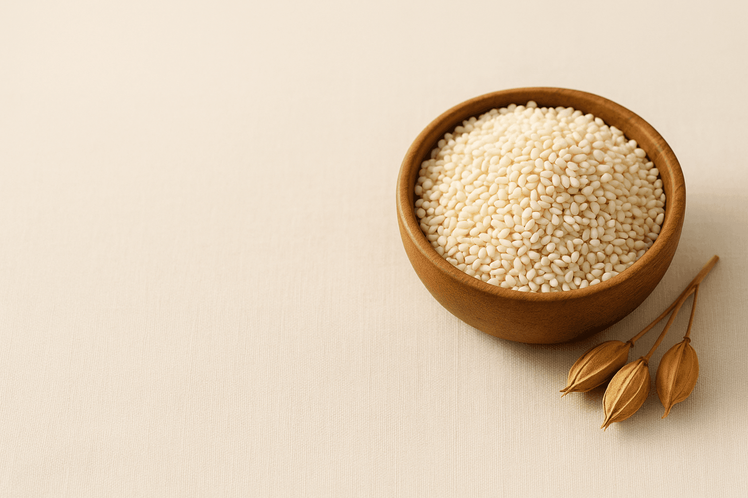 A scoop overflowing with natural white sesame seeds from Tanzania